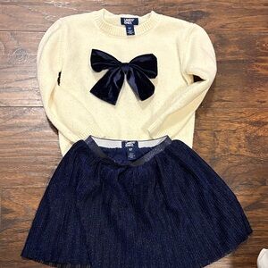 Lands' End Cream Sweater with Navy Bow and Skirt